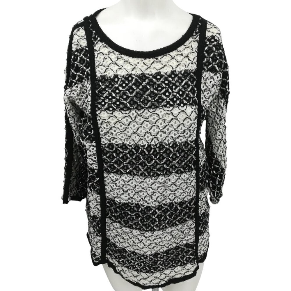 Chicos Open Knit Ribbon Pullover 3/4 Sleeve Sweater Size 3 XL Black Metallic